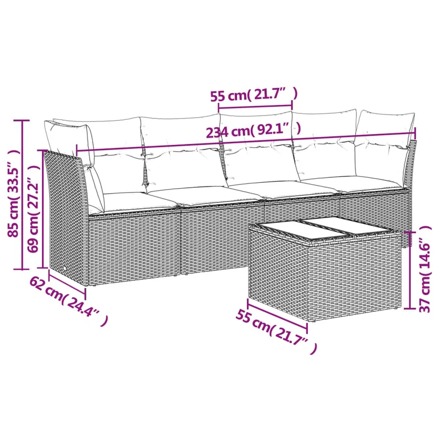 Salon de jardin 5 pcs avec coussins gris résine tressée - 3