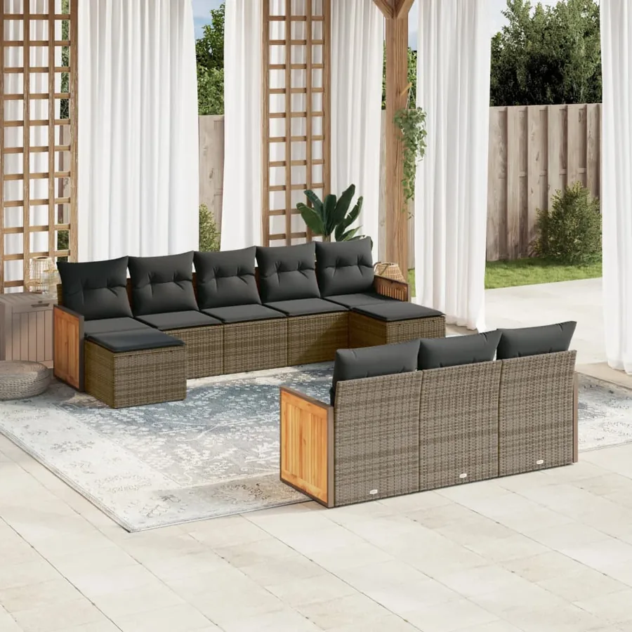 Salon de jardin avec coussins 10 pcs gris résine tressée