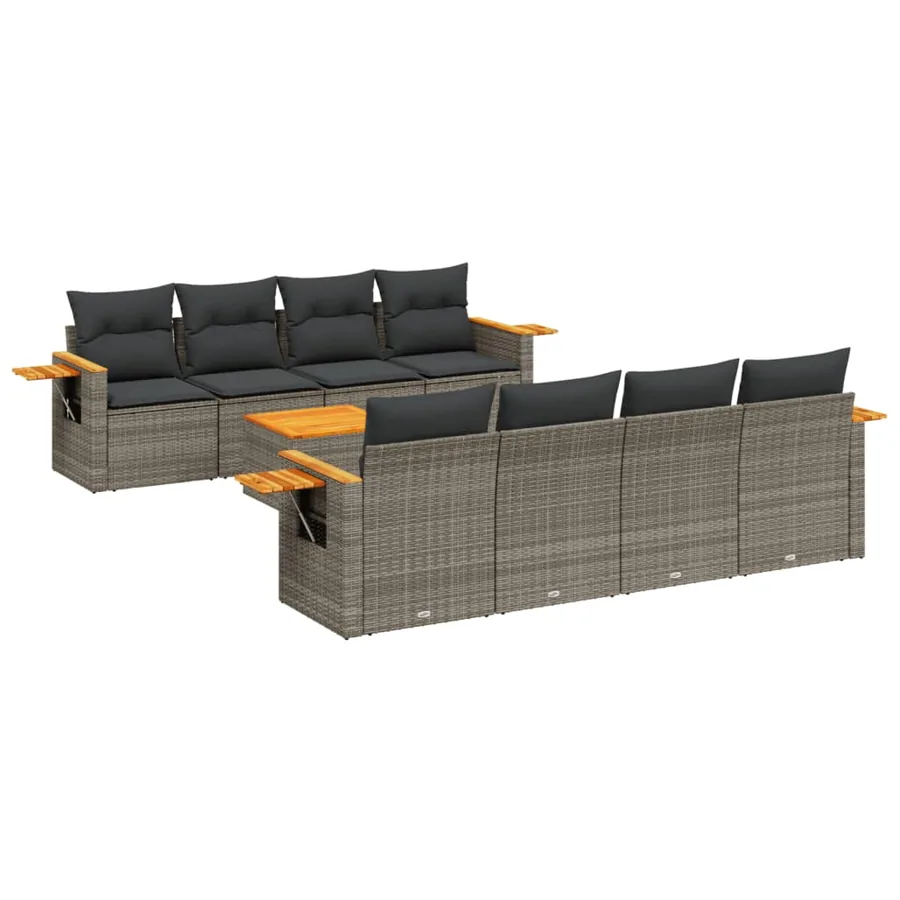 Salon de jardin 9 pcs avec coussins gris résine tressée - 2