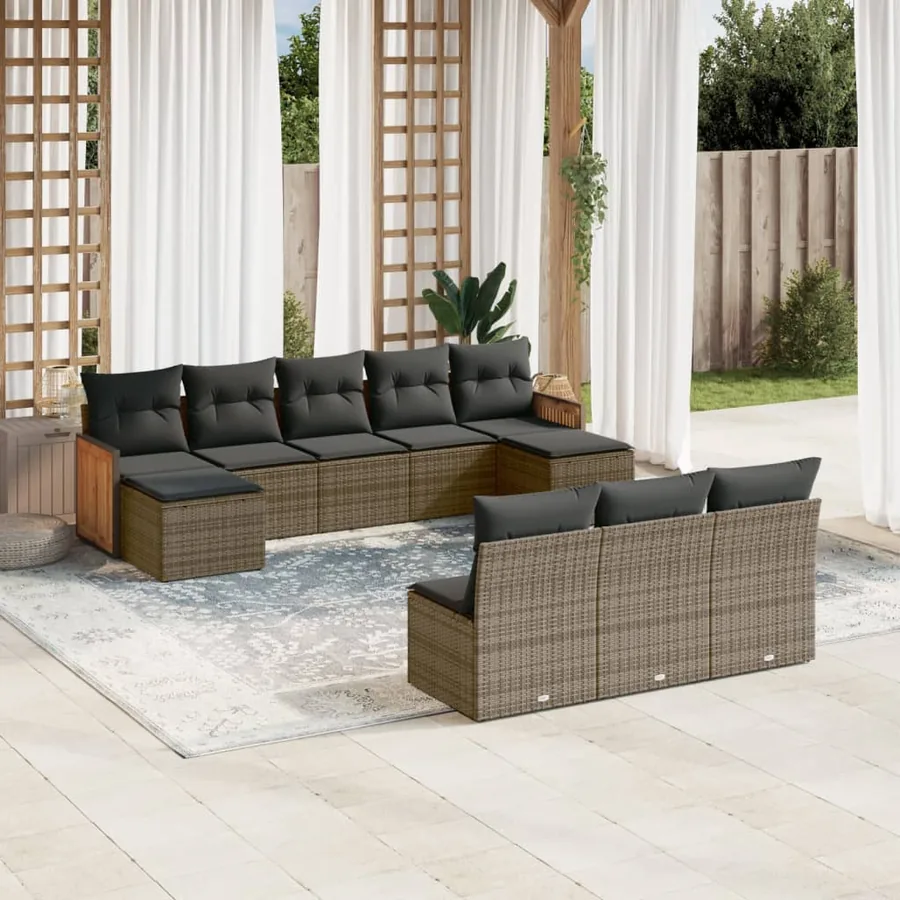 Salon de jardin avec coussins 10 pcs gris résine tressée