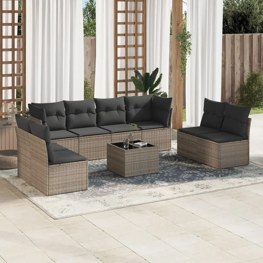 Salon de jardin 9 pcs avec coussins gris résine tressée