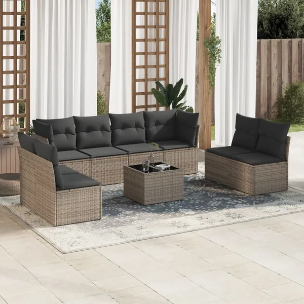 Salon de jardin 9 pcs avec coussins gris résine tressée