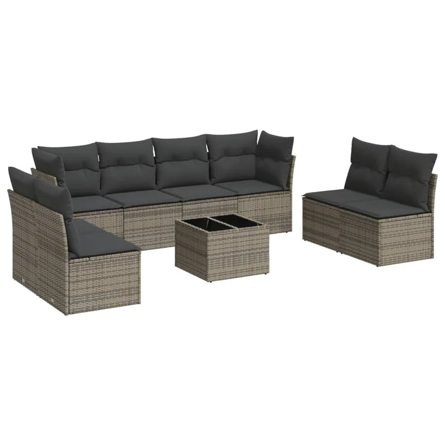 Salon de jardin 9 pcs avec coussins gris résine tressée - 2