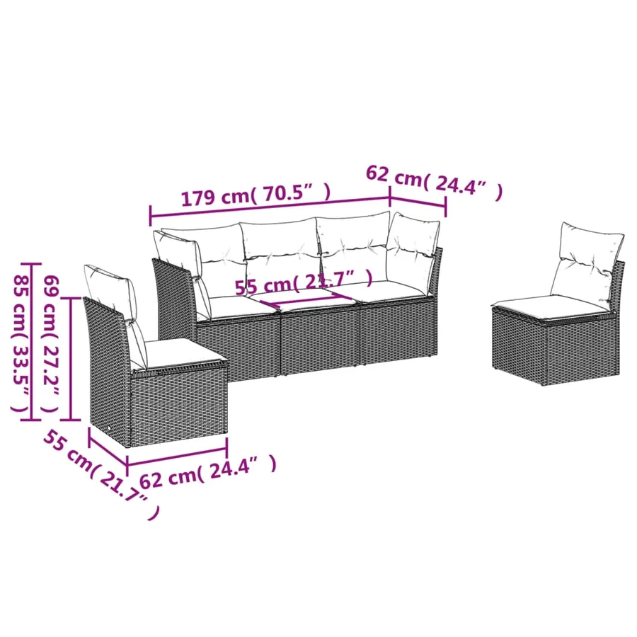 Salon de jardin 5 pcs avec coussins gris résine tressée - 3