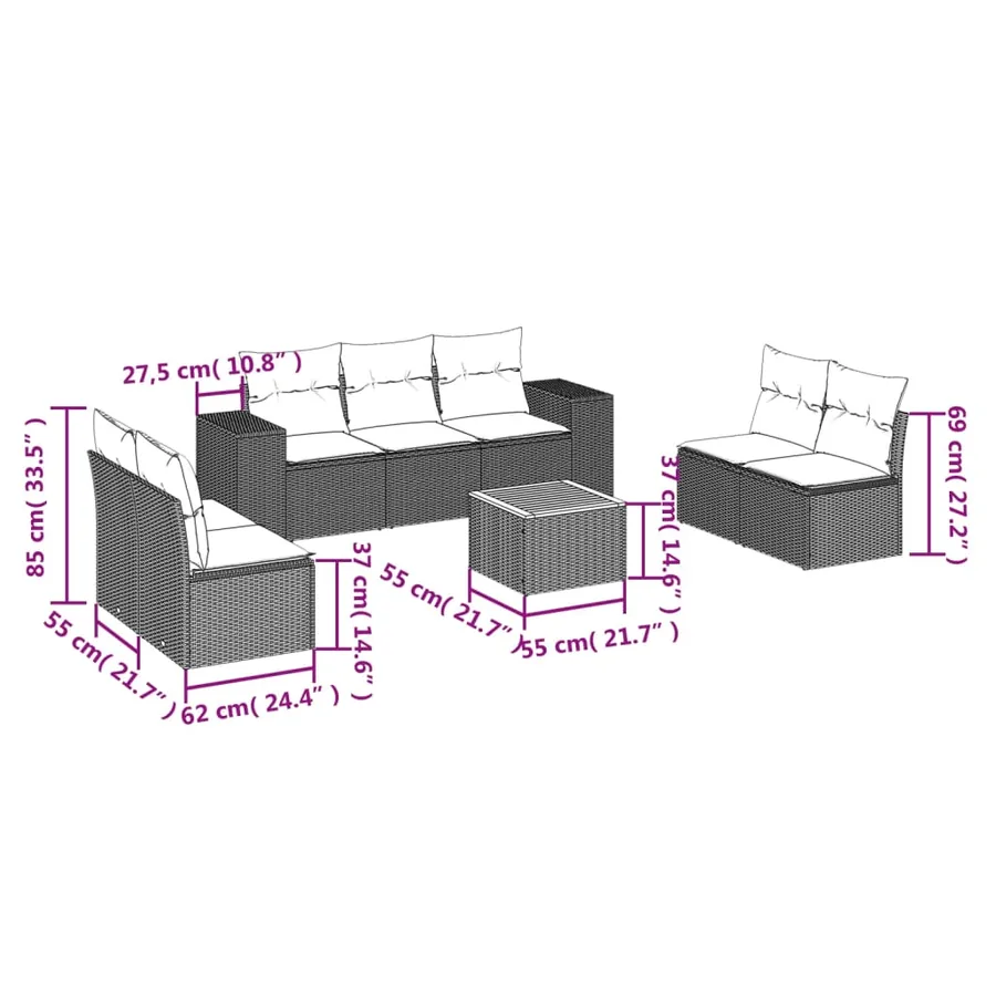 Salon de jardin 8 pcs avec coussins gris résine tressée - 3