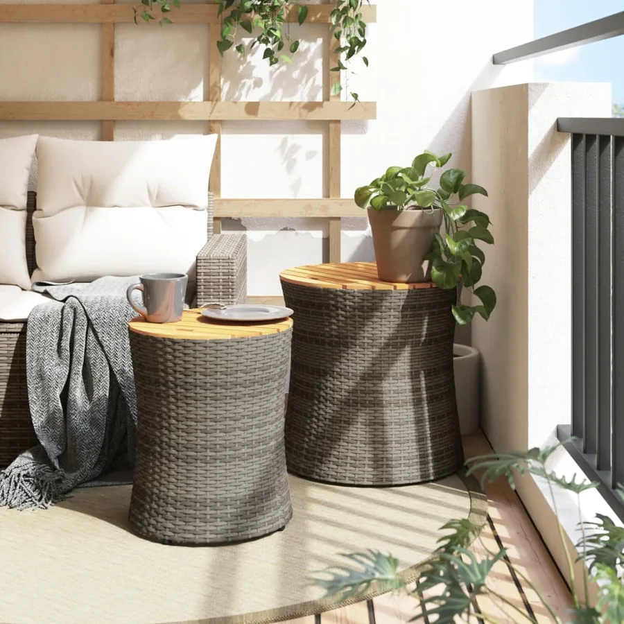 Tables d'appoint de jardin 2 pcs dessus en bois gris poly rotin - 3