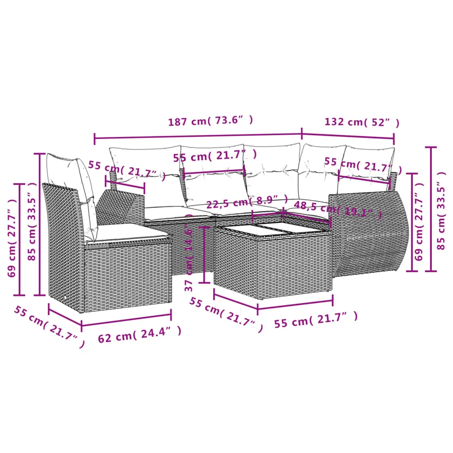 Salon de jardin 6 pcs avec coussins gris résine tressée - 3