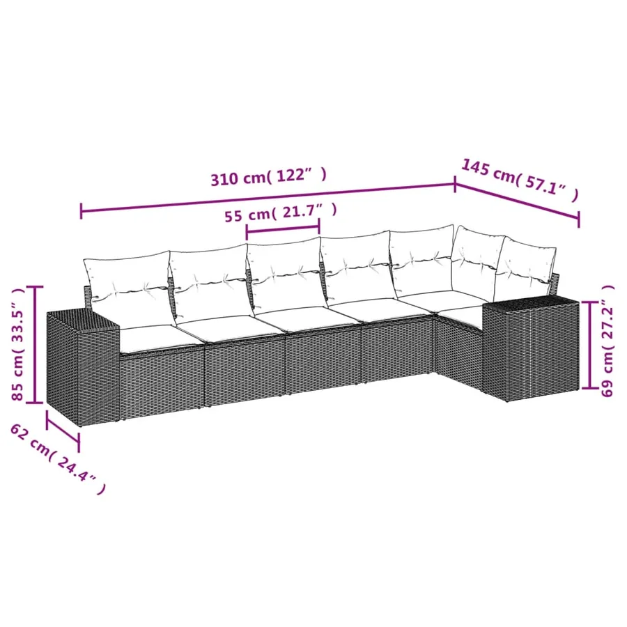 Salon de jardin 6 pcs avec coussins gris résine tressée - 3