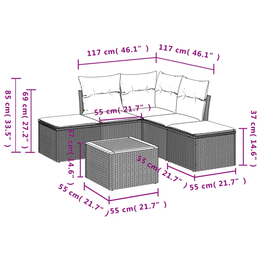 Salon de jardin 6 pcs avec coussins gris résine tressée - 6