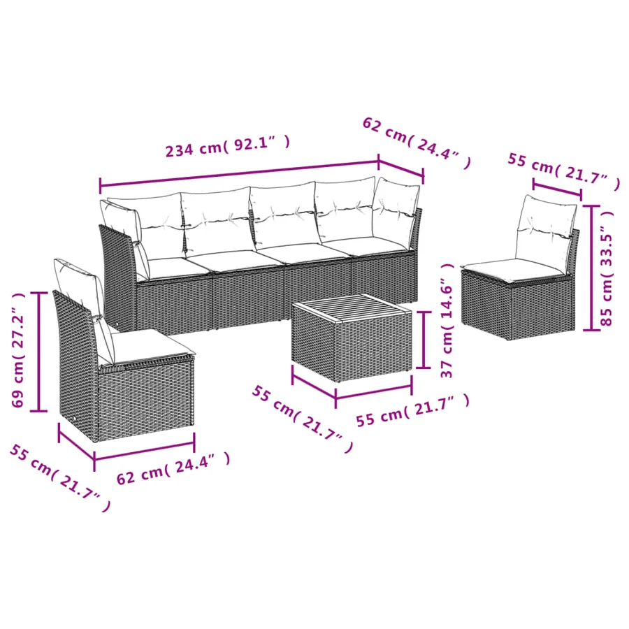 Salon de jardin avec coussins 7 pcs gris résine tressée - 7