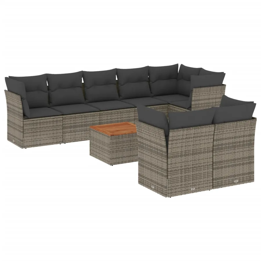 Salon de jardin 9 pcs avec coussins gris résine tressée - 2