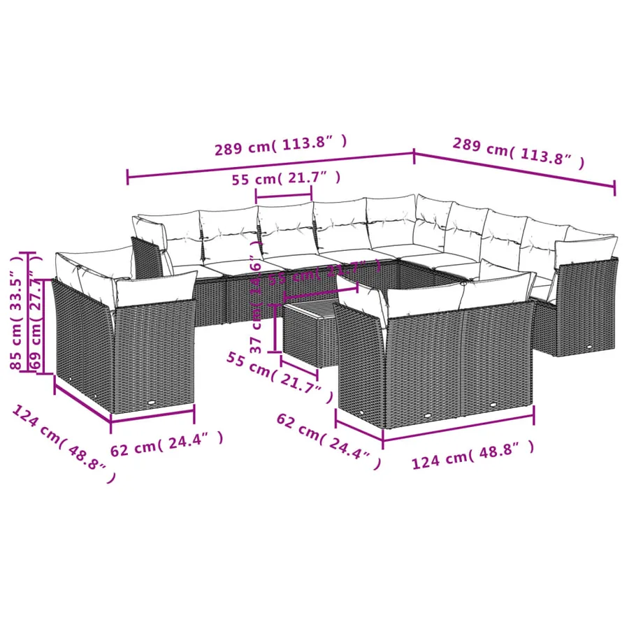 Salon de jardin avec coussins 14 pcs gris résine tressée - 10