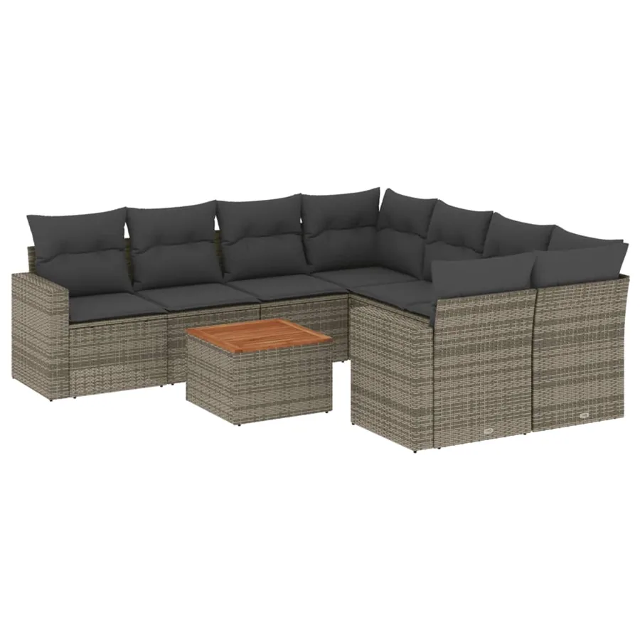 Salon de jardin 9 pcs avec coussins gris résine tressée - 2