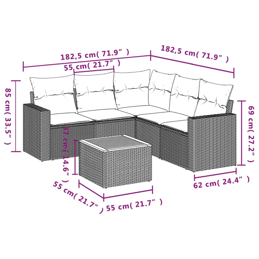 Salon de jardin 6 pcs avec coussins gris résine tressée - 12