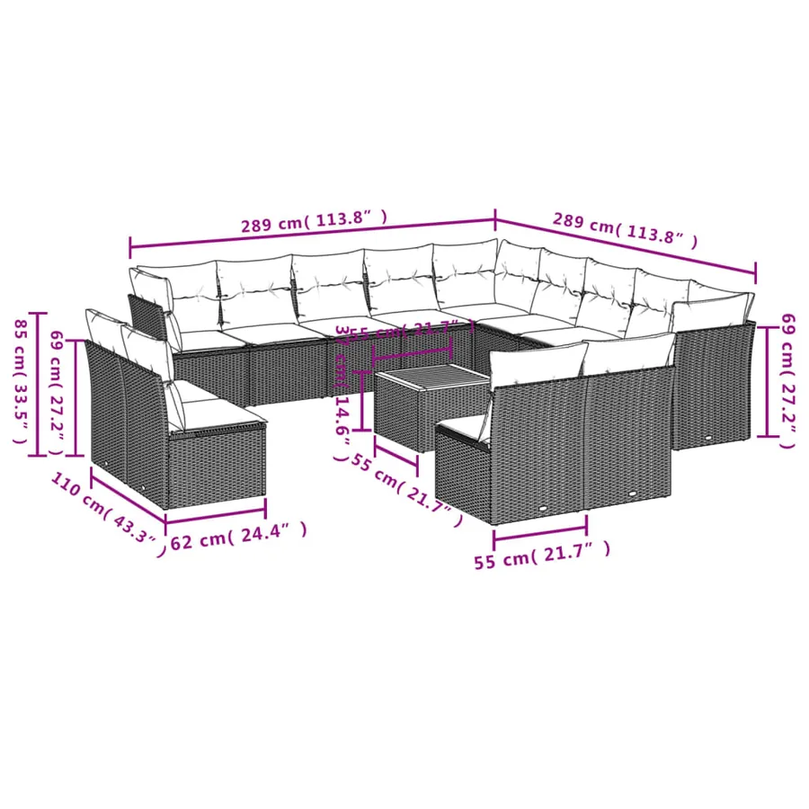 Salon de jardin avec coussins 14 pcs gris résine tressée - 10