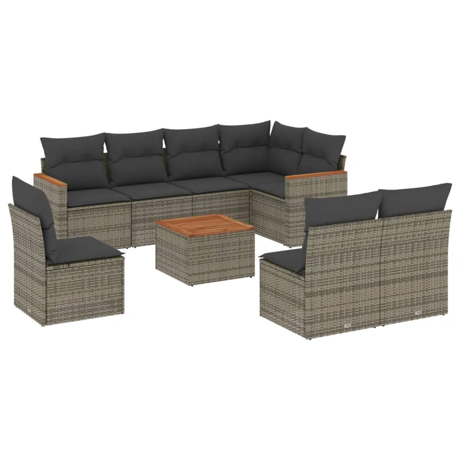 Salon de jardin 9 pcs avec coussins gris résine tressée - 2