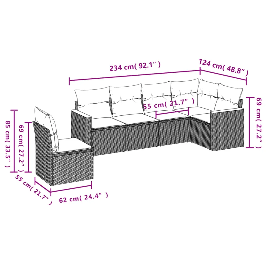 Salon de jardin 6 pcs avec coussins gris résine tressée - 3