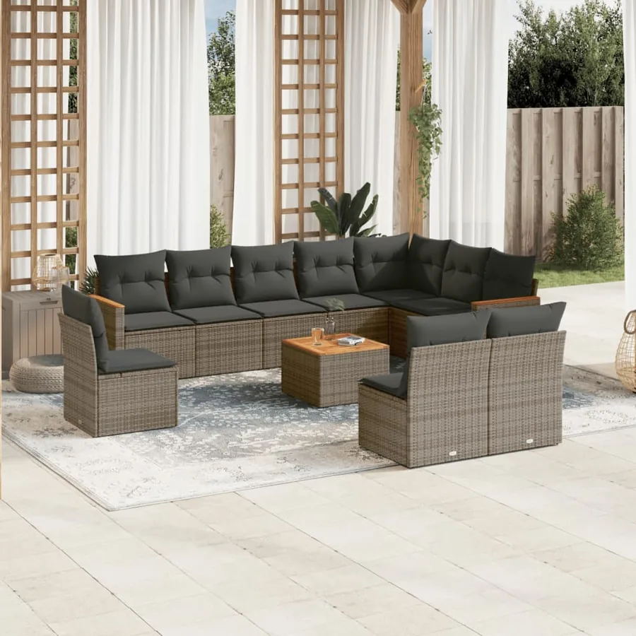 Salon de jardin 11 pcs avec coussins gris résine tressée