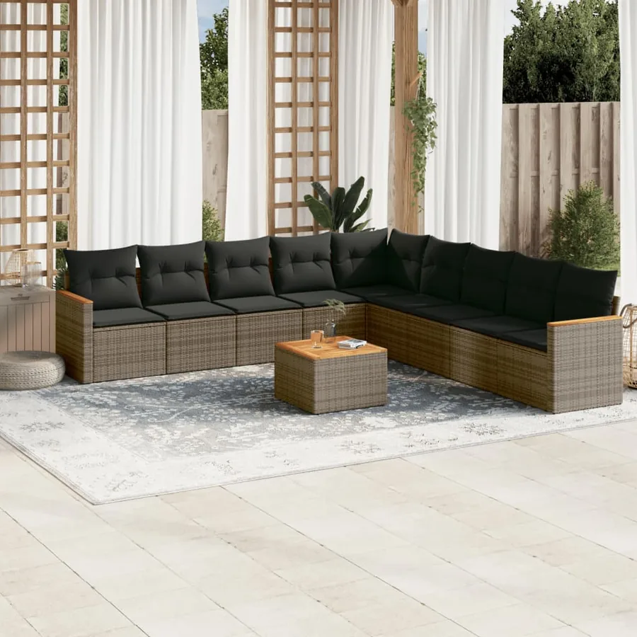 Salon de jardin avec coussins 10 pcs gris résine tressée
