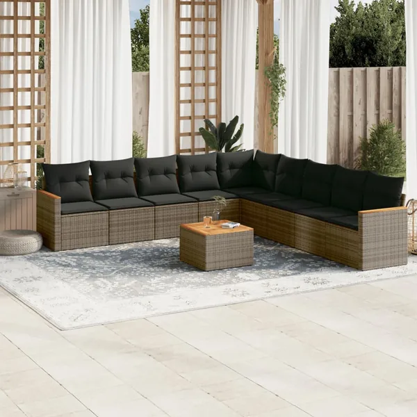 Salon de jardin avec coussins 10 pcs gris résine tressée