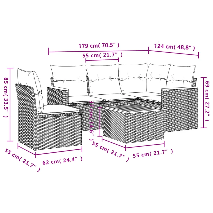 Salon de jardin 6 pcs avec coussins gris résine tressée - 3