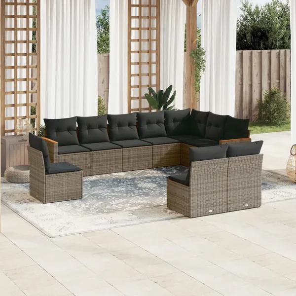Salon de jardin avec coussins 10 pcs gris résine tressée