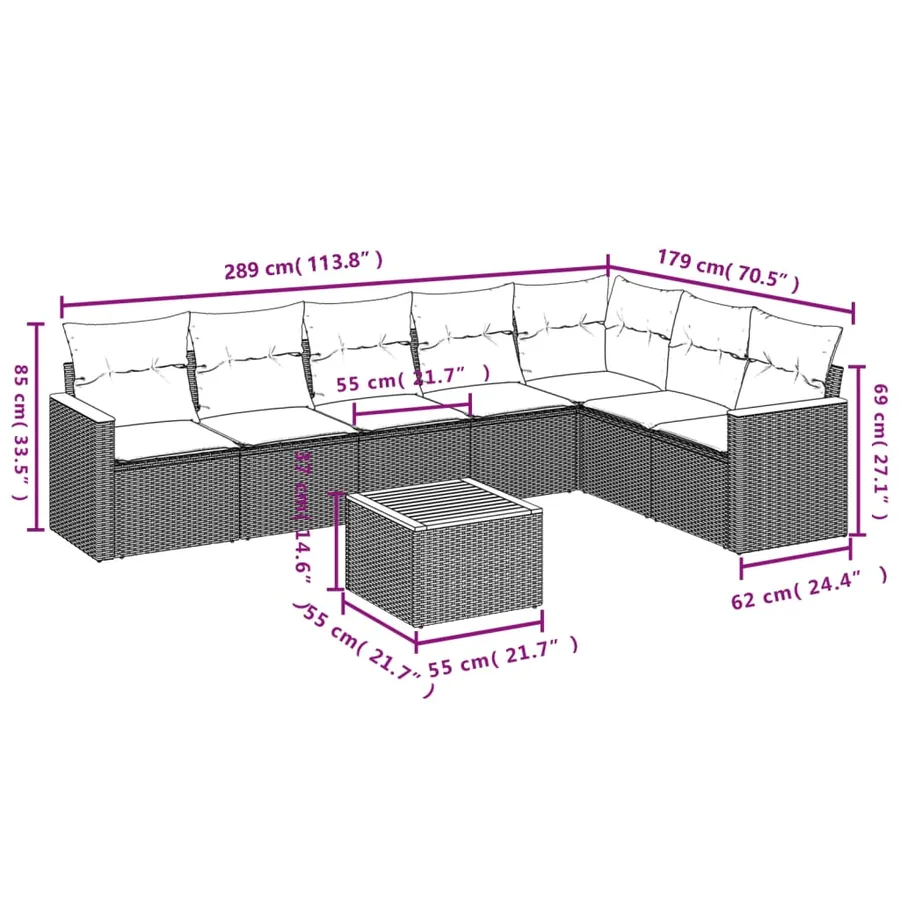 Salon de jardin 8 pcs avec coussins gris résine tressée - 3