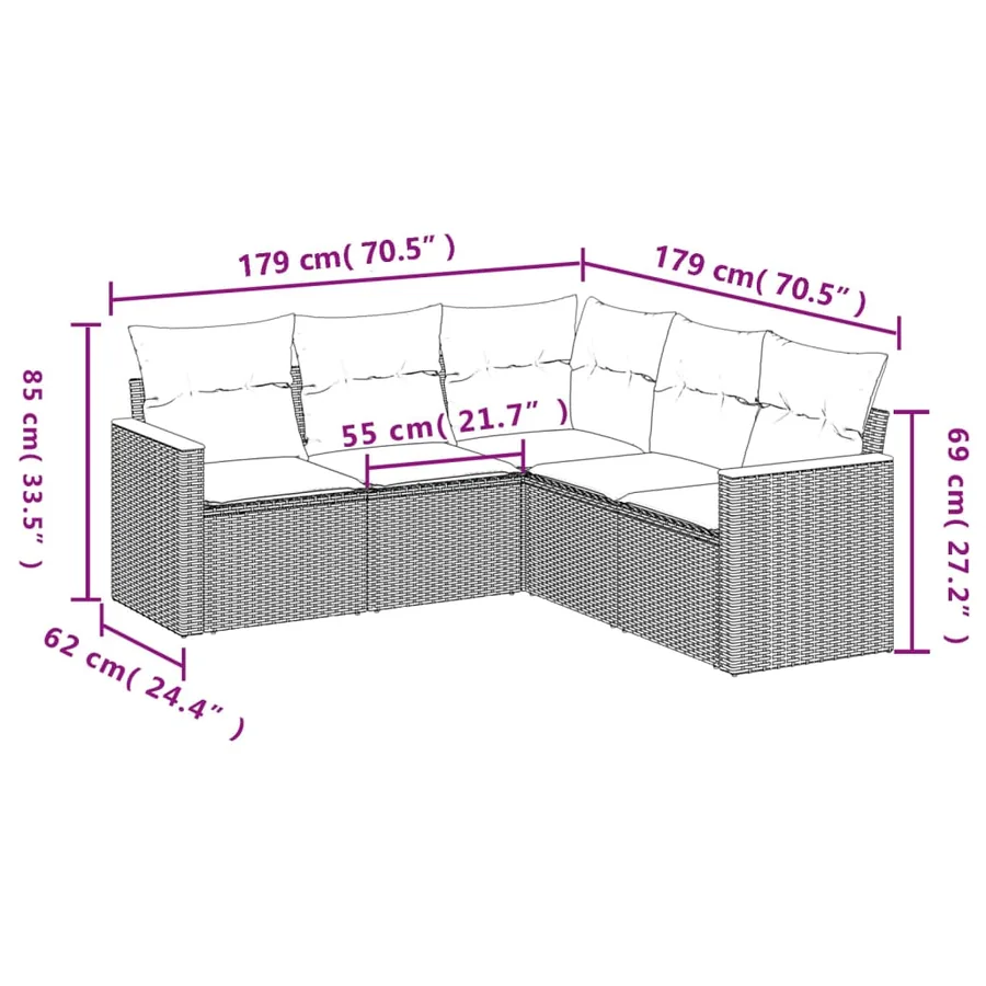 Salon de jardin 5 pcs avec coussins gris résine tressée - 3