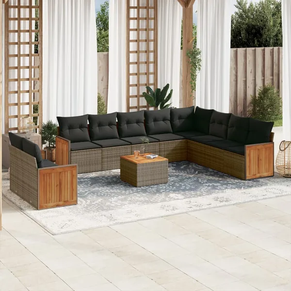 Salon de jardin 11 pcs avec coussins gris résine tressée