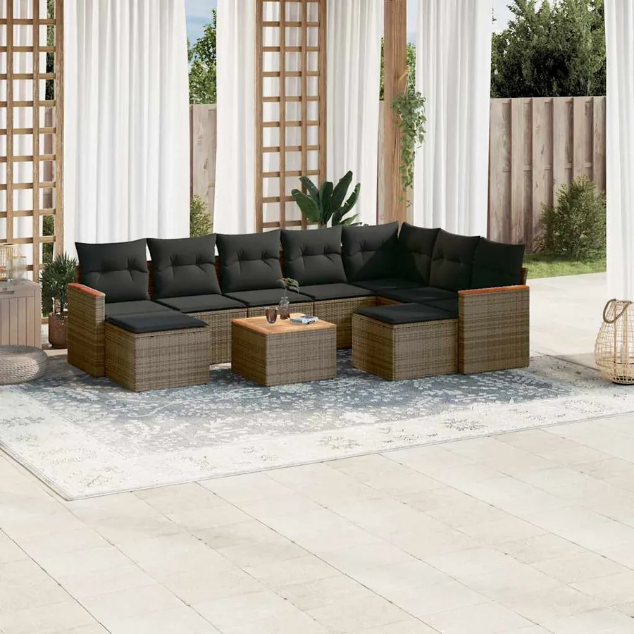 Salon de jardin avec coussins 10 pcs gris résine tressée