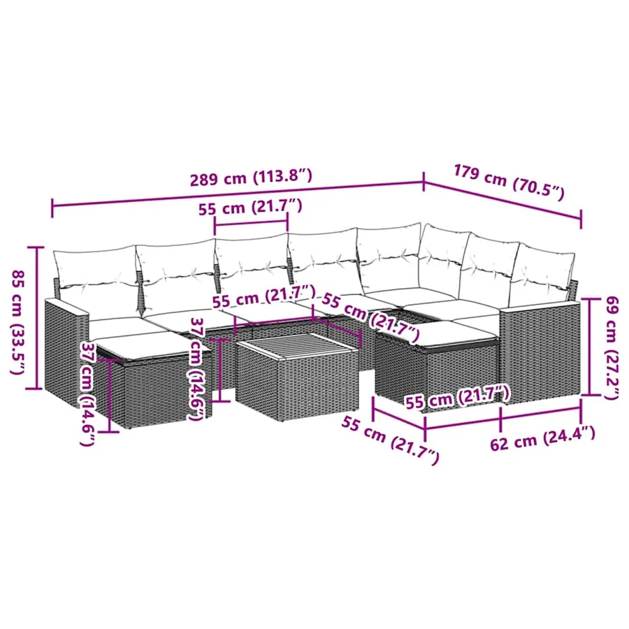 Salon de jardin avec coussins 10 pcs gris résine tressée - 3