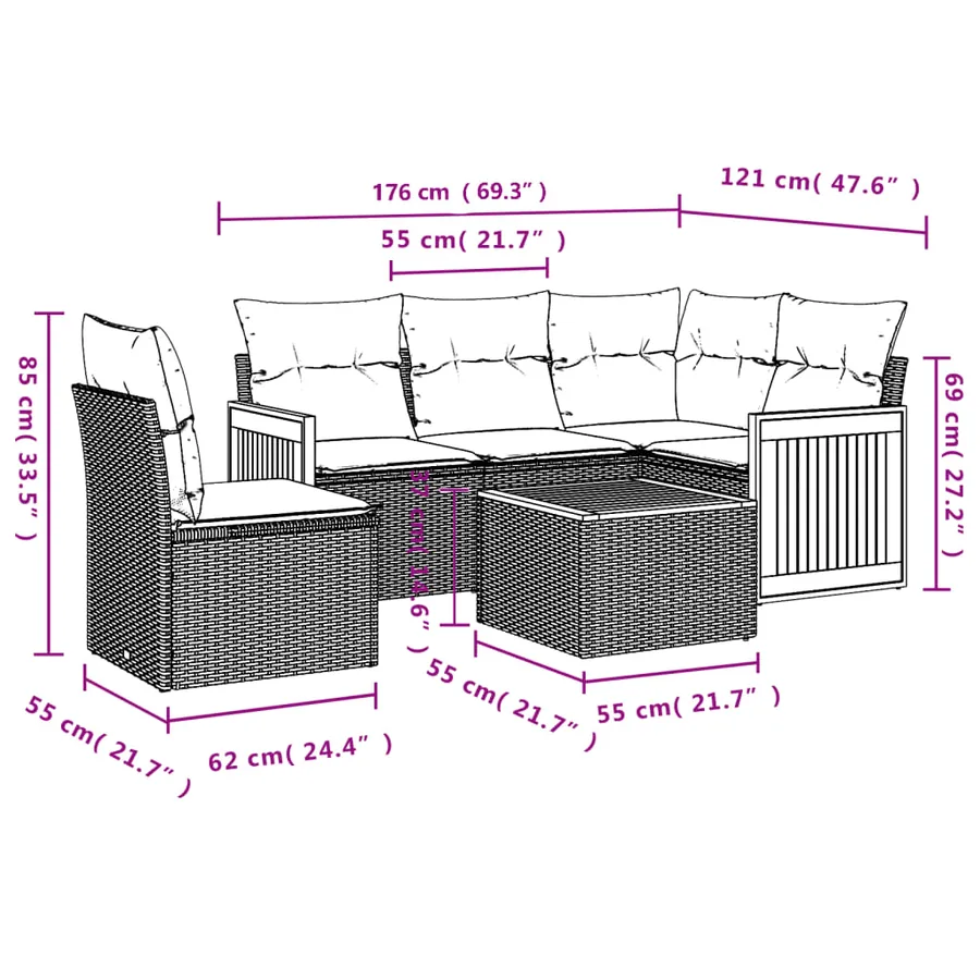 Salon de jardin 6 pcs avec coussins gris résine tressée - 3