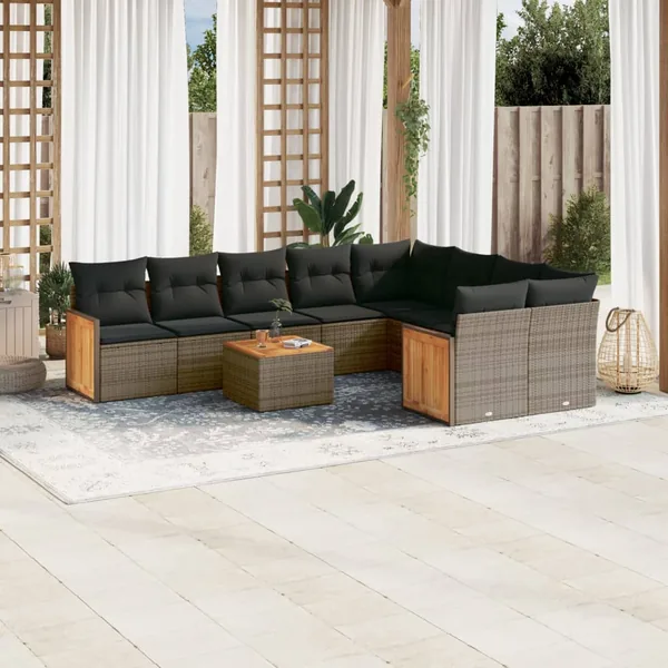 Salon de jardin avec coussins 10 pcs gris résine tressée