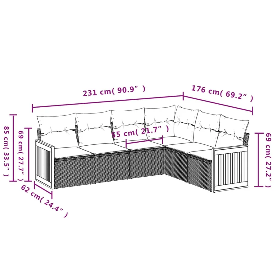 Salon de jardin 6 pcs avec coussins gris résine tressée - 3