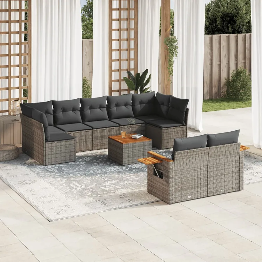Salon de jardin avec coussins 10 pcs gris résine tressée