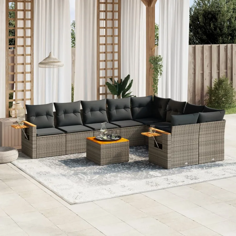 Salon de jardin avec coussins 10 pcs gris résine tressée