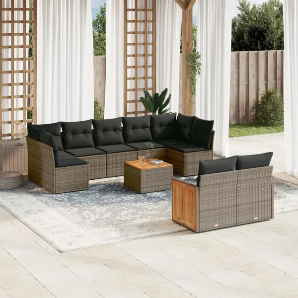 Salon de jardin avec coussins 10 pcs gris résine tressée