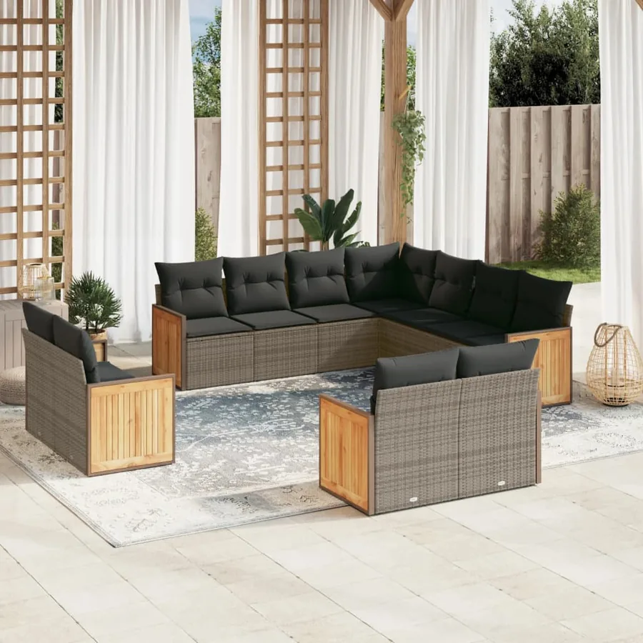 Salon de jardin 11 pcs avec coussins gris résine tressée