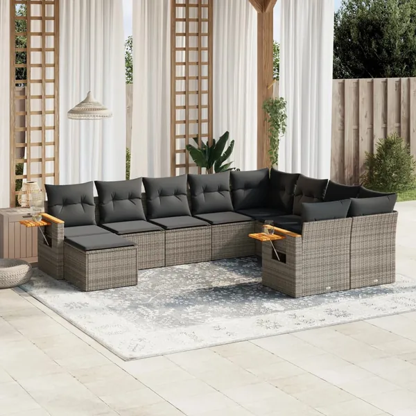 Salon de jardin avec coussins 10 pcs gris résine tressée