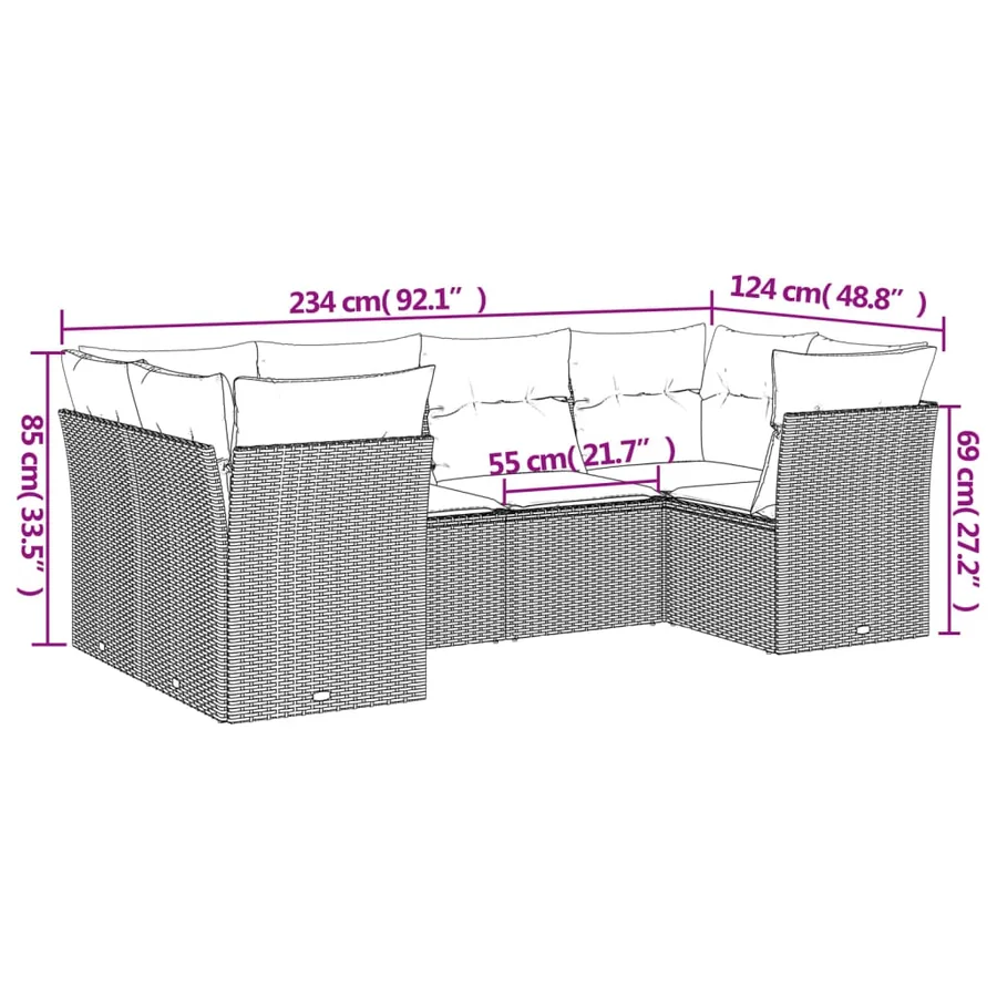 Salon de jardin 6 pcs avec coussins gris résine tressée - 3