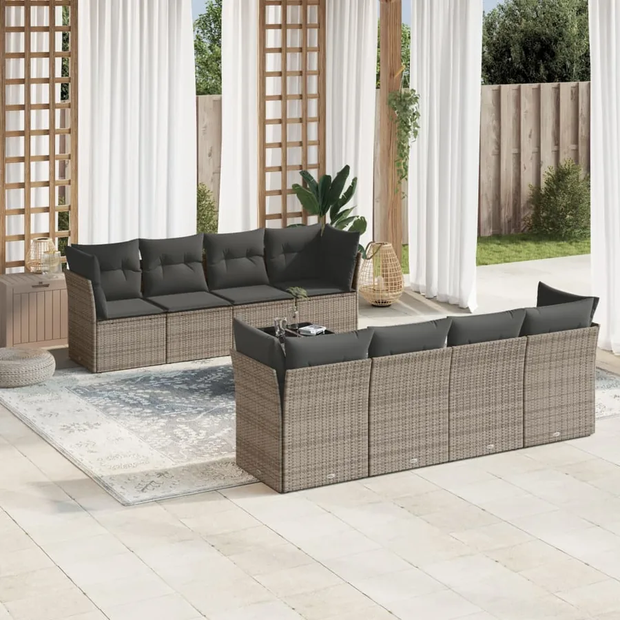 Salon de jardin 9 pcs avec coussins gris résine tressée