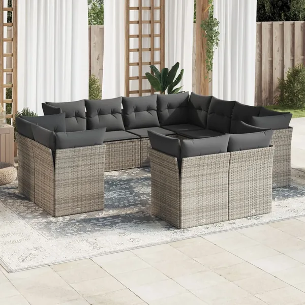 Salon de jardin 11 pcs avec coussins gris résine tressée