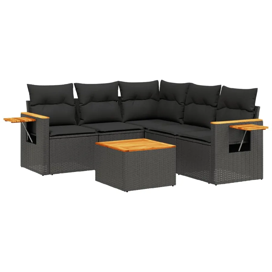 Salon de jardin 6 pcs avec coussins noir résine tressée - 2