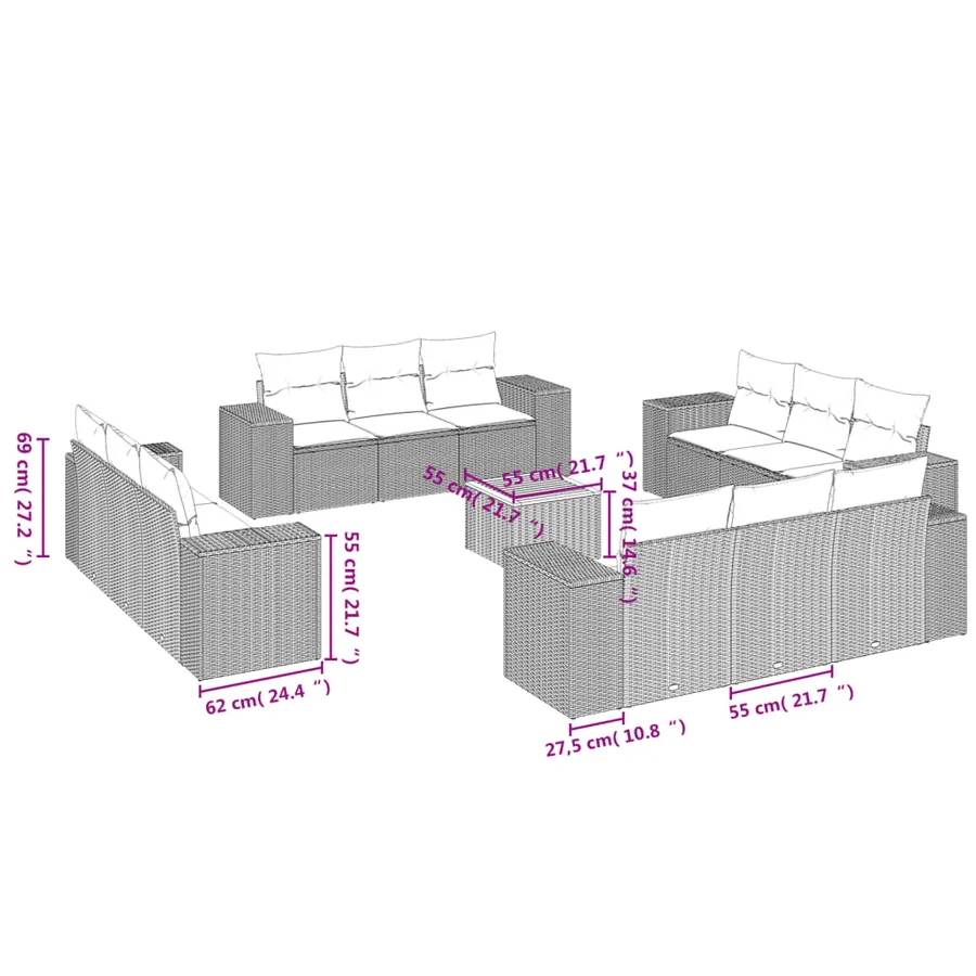 Salon de jardin avec coussins 13 pcs beige résine tressée - 3