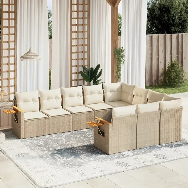 Salon de jardin avec coussins 10 pcs beige résine tressée