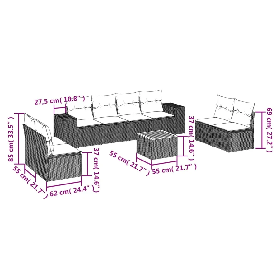 Salon de jardin avec coussins 9 pcs beige résine tressée - 3