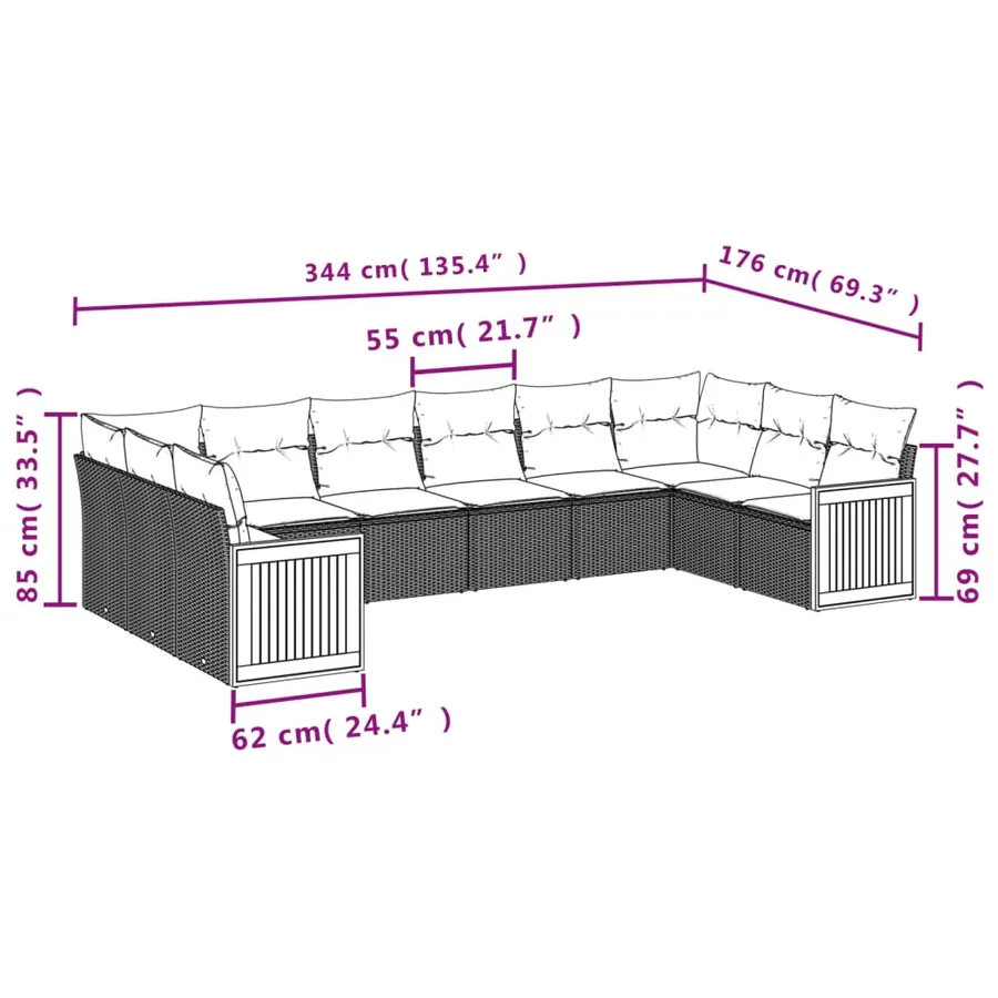 Salon de jardin avec coussins 10 pcs beige résine tressée - 3