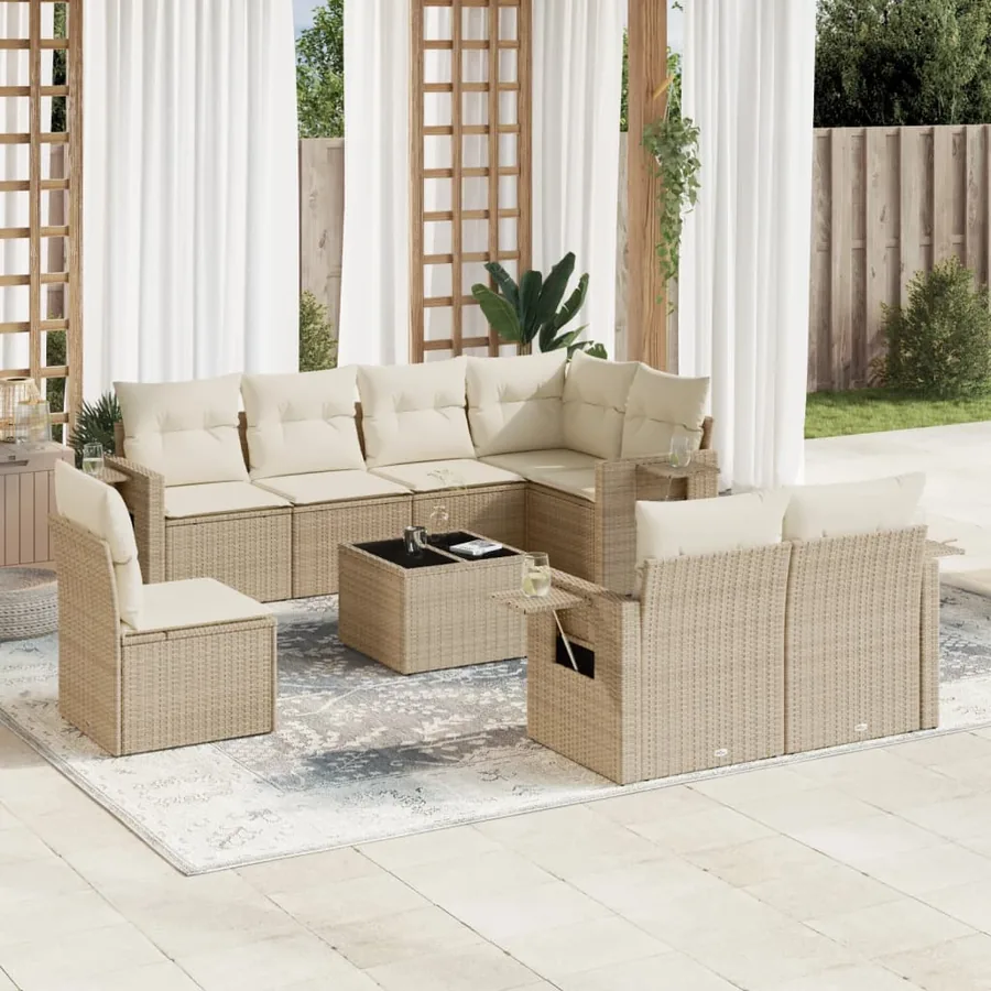 Salon de jardin avec coussins 9 pcs beige résine tressée