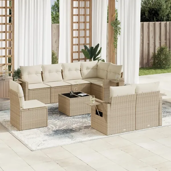 Salon de jardin avec coussins 9 pcs beige résine tressée