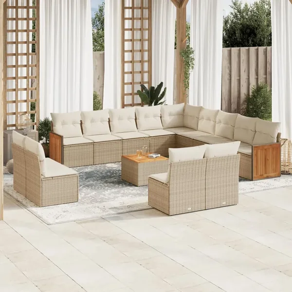 Salon de jardin avec coussins 14 pcs beige résine tressée